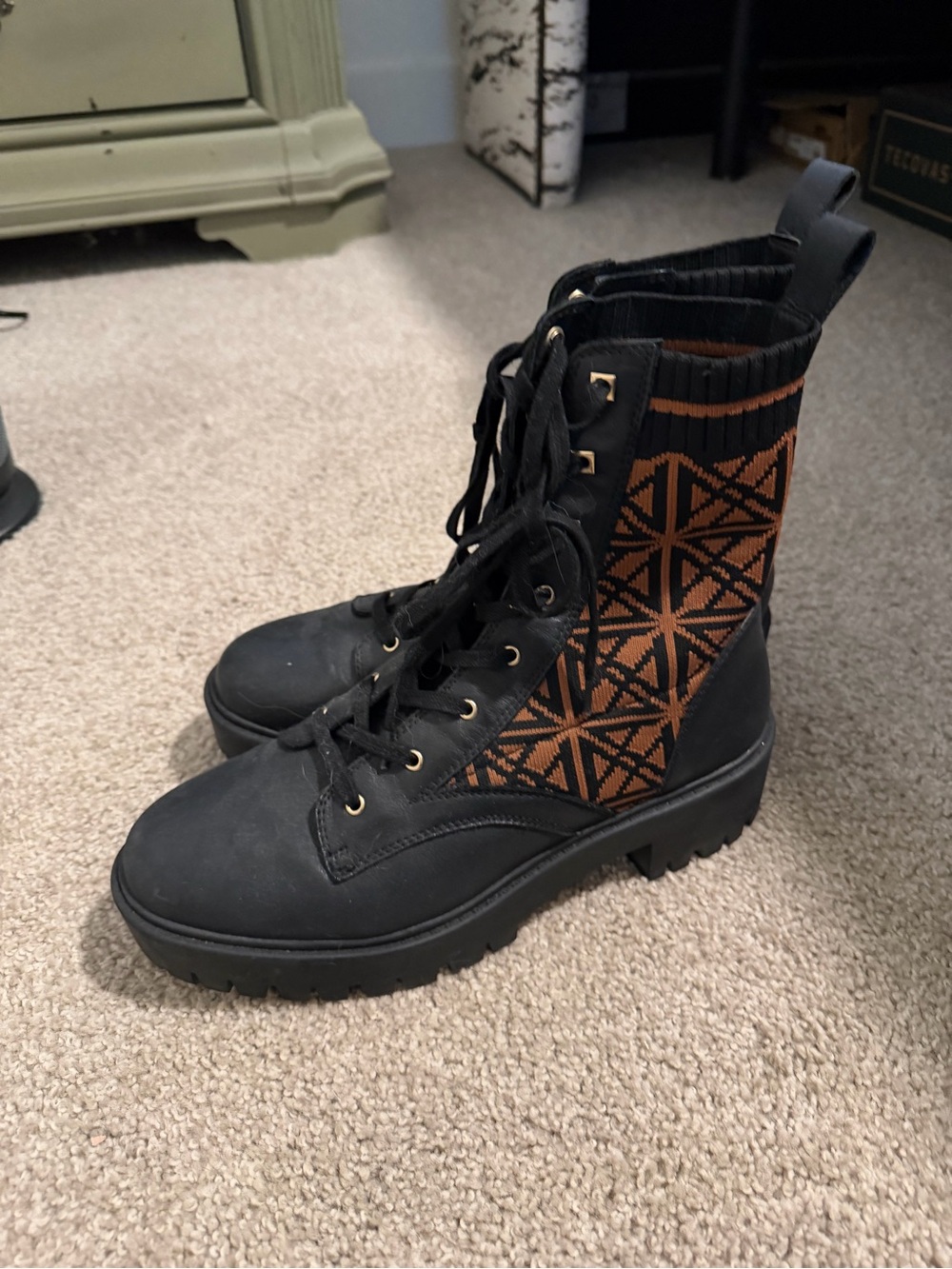 ANTONIO MELANI Black Lace-Up Ankle Boots with Brown Knit Geometric Panels